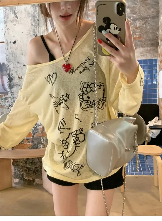 斜肩长袖T恤女春秋夏季卡通印花设计感小众宽松显瘦防晒辣妹上衣