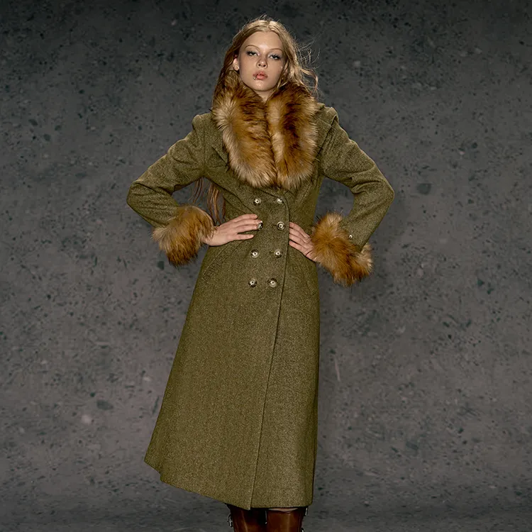 DeleteEX欲望街区系列长毛中长款时尚双排扣收腰毛呢立体修身大衣