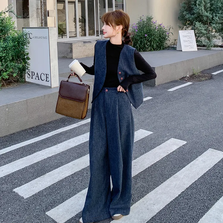 港风复古牛仔马甲阔腿裤套装女秋季2024新款休闲盐系高级感两件套