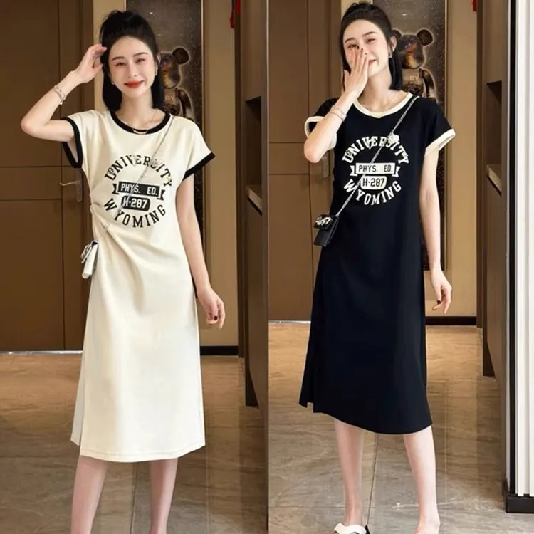 孕妇裙子夏季新款时尚气质韩版字母拼色开叉孕妇连衣裙中长款夏装