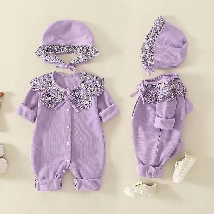 宝宝春秋长袖紫色贝壳领女宝洋气连体衣【送帽子】