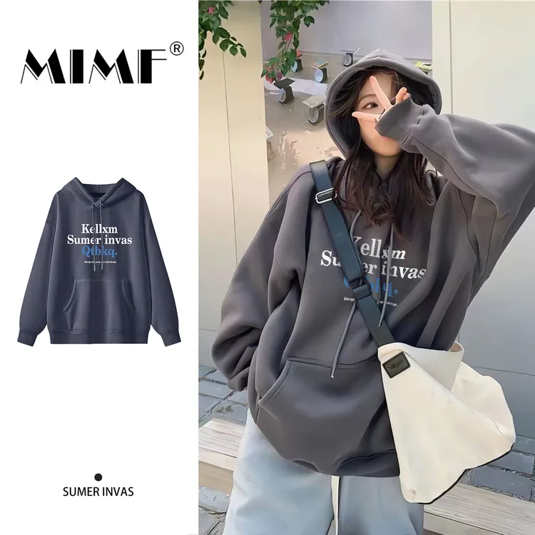 mnmf美式复古字母印花连帽卫衣女秋冬季男女同款宽松上衣连帽衫女
