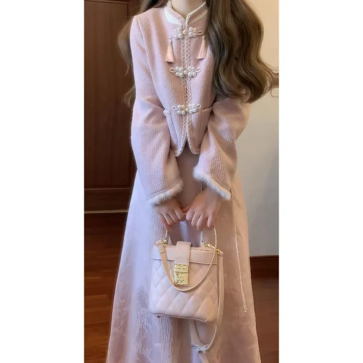 新中式立领盘扣夹棉短款外套&国风提花半身裙粉色小香风套装2427