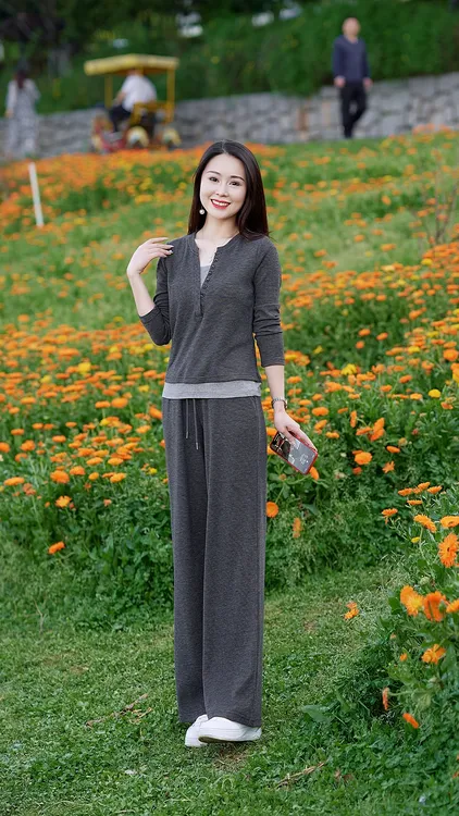 时尚套装气质春秋两件套百搭长袖洋气阔腿套裤休闲运动装网红显瘦