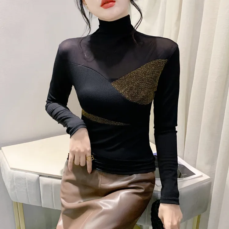 性感网纱拼接亮丝t恤女长袖紧身内搭加绒上衣气质高领打底衫秋冬