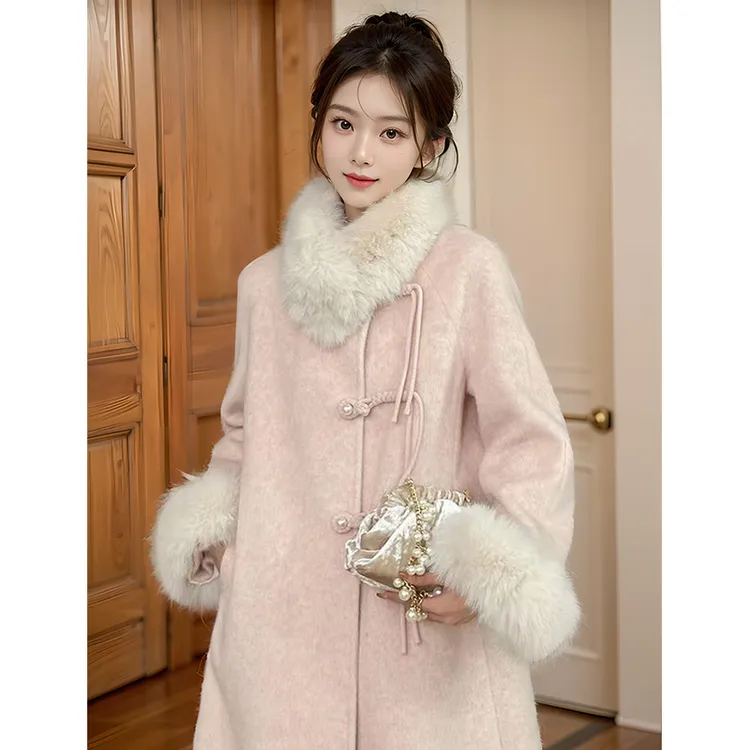 【荷枝桃桃】粉色外套女秋冬中长款盘扣毛呢大衣新中式国风外套气质