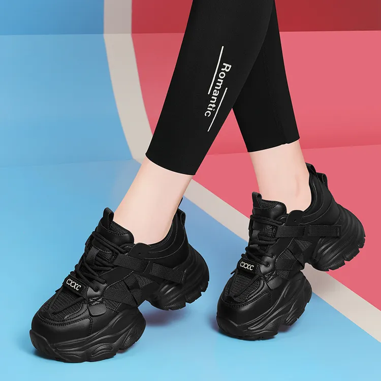 厚底老爹鞋女黑色春天学生中跟运动鞋女装波鞋网面透气旅游鞋新款