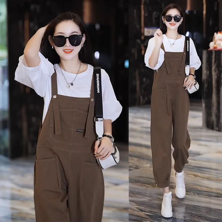 减龄牛仔背带裤套装一整套开春新款美拉德学院风矮个子小个子穿搭