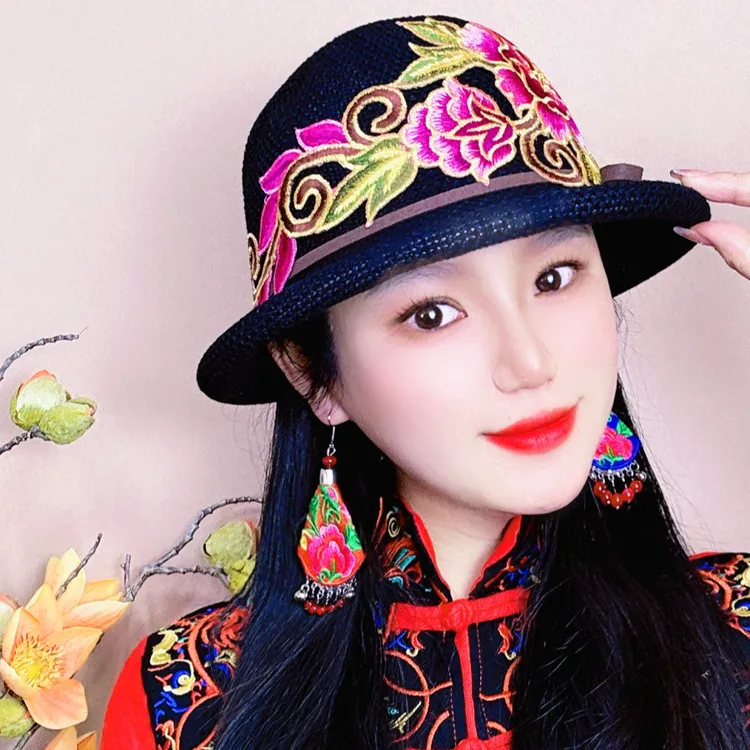 民族风棉亚麻盆帽刺绣帽卷边遮阳帽夏季妈妈帽老绣帽帽子渔夫帽