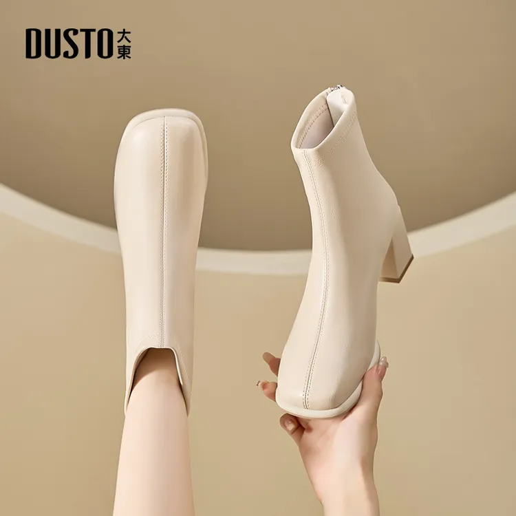 大东女鞋方头高跟瘦瘦靴2025秋冬加绒百搭气质白色粗跟短靴0109