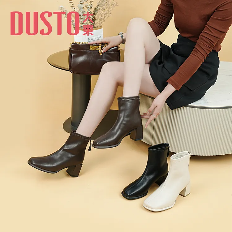 大东6CM高跟靴子女短靴2025秋冬爆款阔腿裤必备女鞋百搭粗跟0109