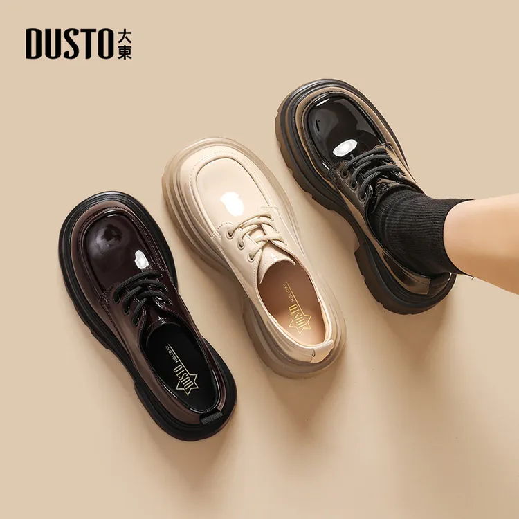 大东圆头厚底乐福鞋女2025秋季新款高跟系带百搭增高通勤女鞋0133