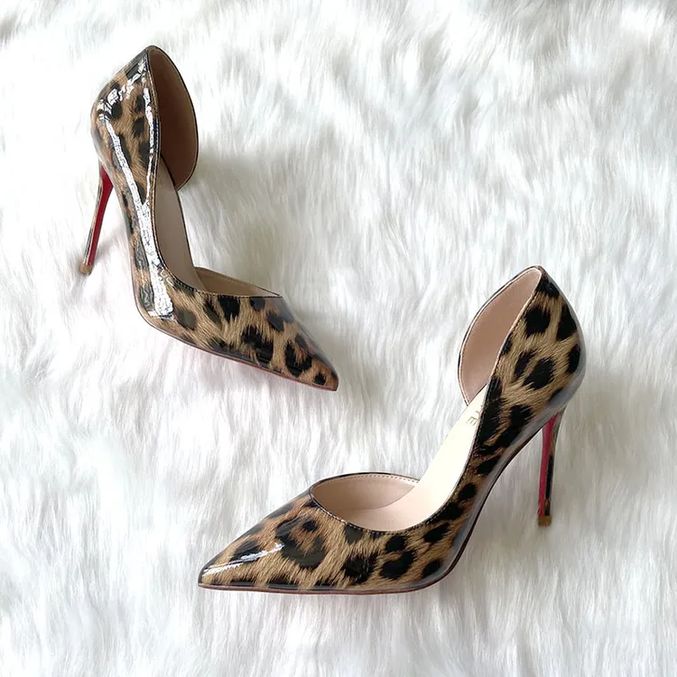 性感欧美豹纹红底大码浅口亮漆皮侧空尖头细跟夜店高跟单鞋高跟鞋