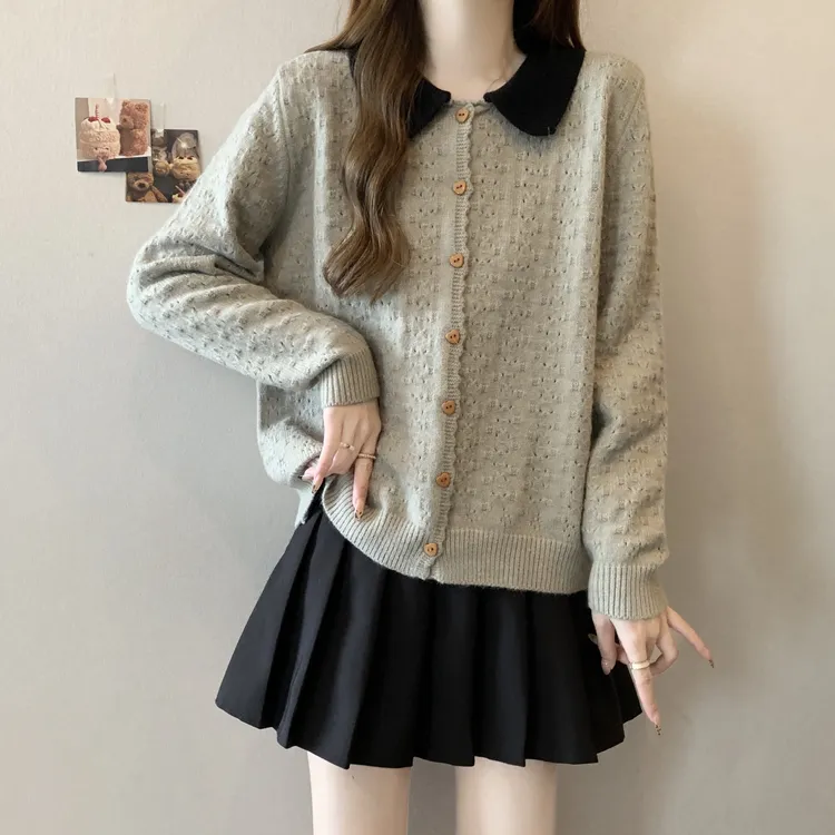 大码小香风娃娃领长袖针织开衫女秋季微胖MM气质宽松显瘦毛衣外套