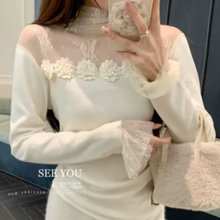 【0295】2025新春欧货重磅女装蕾丝拼接白色打底衫高级感显瘦上衣女