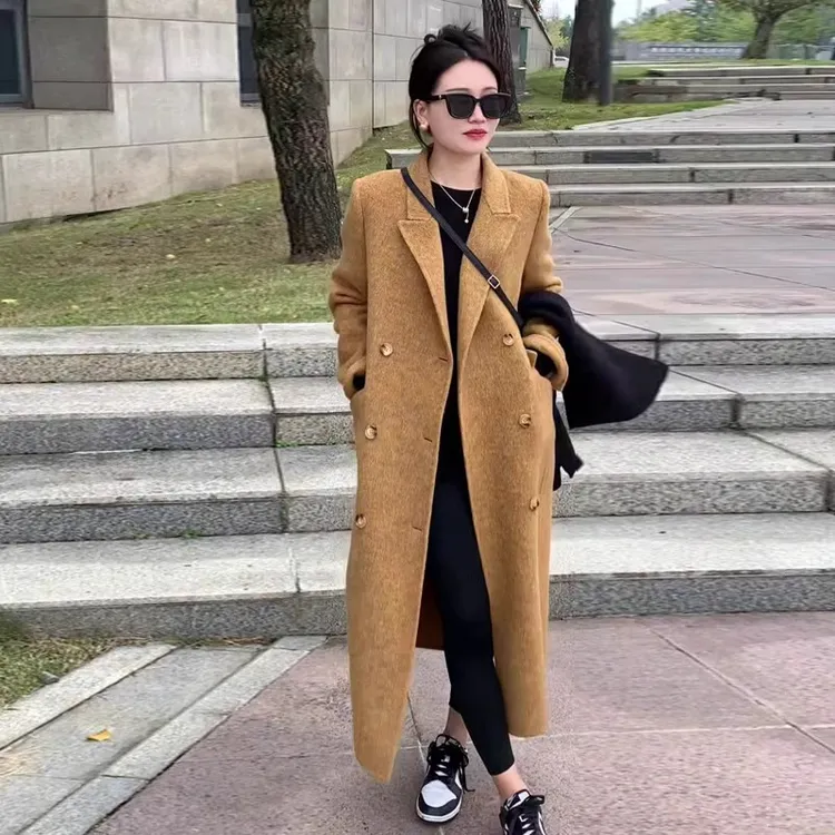 鎏金黄双面羊绒大衣女长款2024秋冬新款H型直筒阔版正肩呢子外套