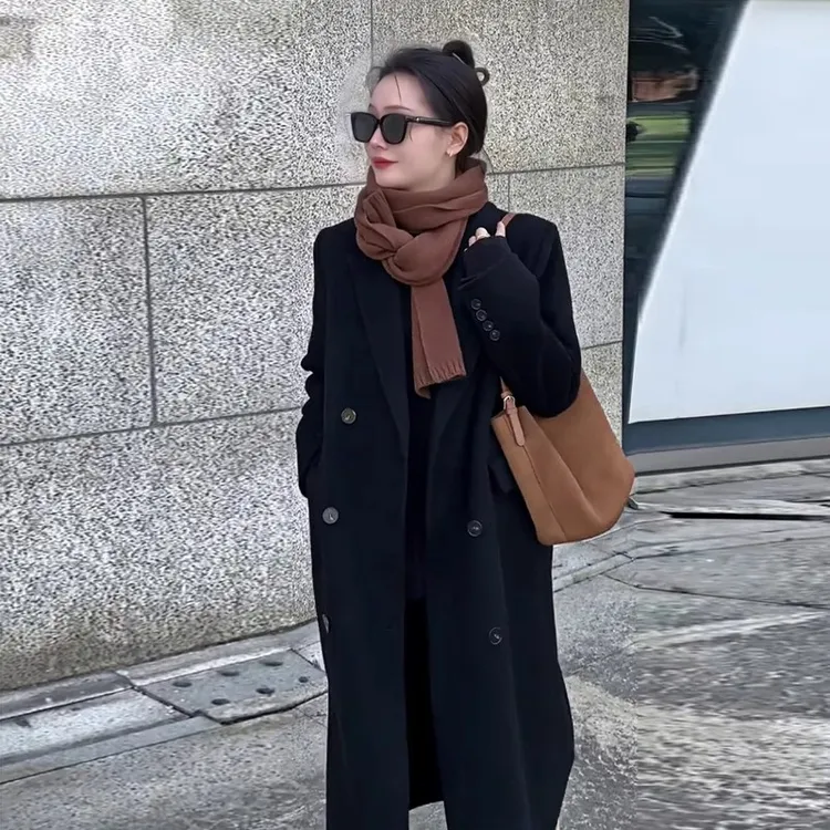 黑色双面羊绒大衣女长款2025秋冬季新款H型直筒阔版正肩呢子外套