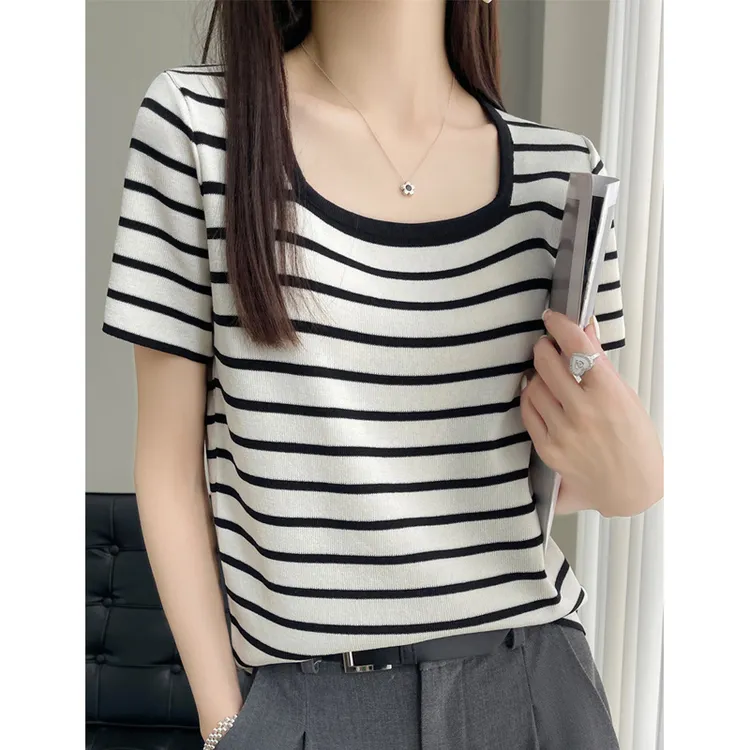 短袖女针织夏季薄款T恤宽松条纹显瘦上衣百搭韩版打底衫洋气半袖