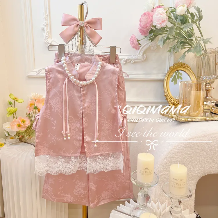 【QI奇妈】儿童新中式国风提花女童背心国风套装汉服三件套Q0052