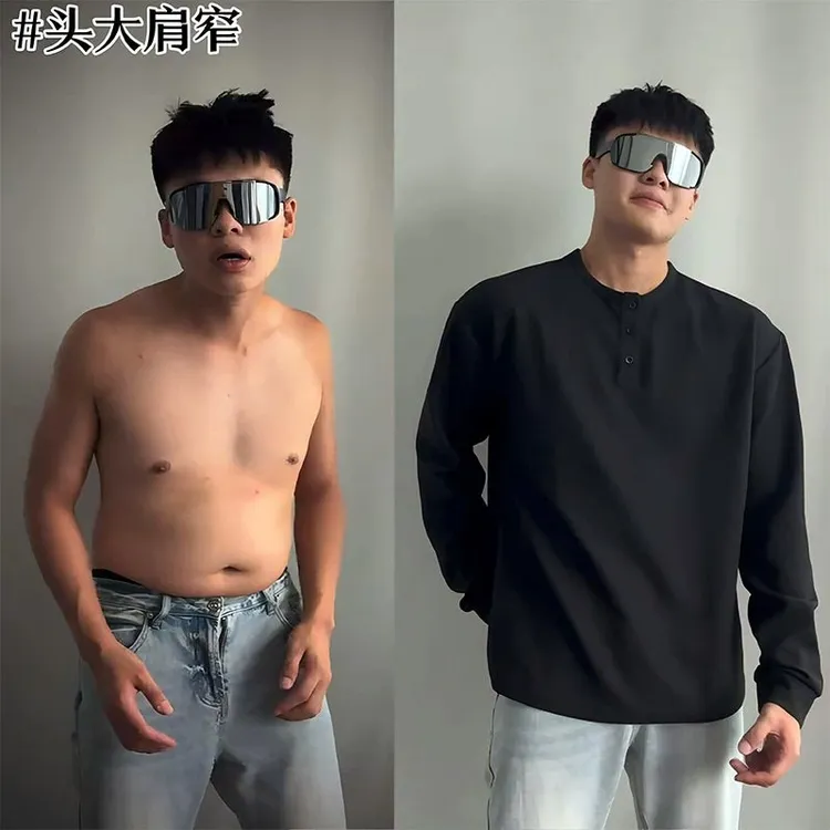 cleanfit黑色亨利领长袖t恤男款春秋卫衣正肩美式复古内搭打底衫