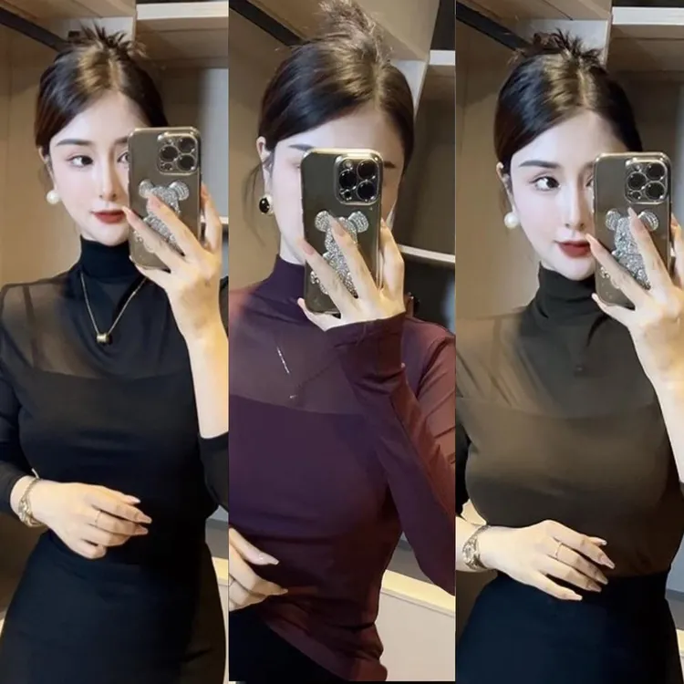 2024秋装新款长袖T恤女内搭高级感百搭高领网纱高端打底衫上衣