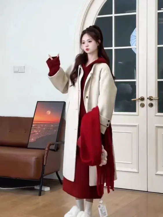 温柔休闲慵懒套装女秋冬新款宽松连帽针织连衣裙中长款大衣两件套