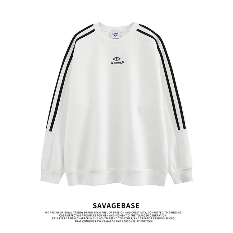 条纹字母刺绣宽松百搭圆领卫衣男秋冬秋季内搭美式国潮长袖T恤ins