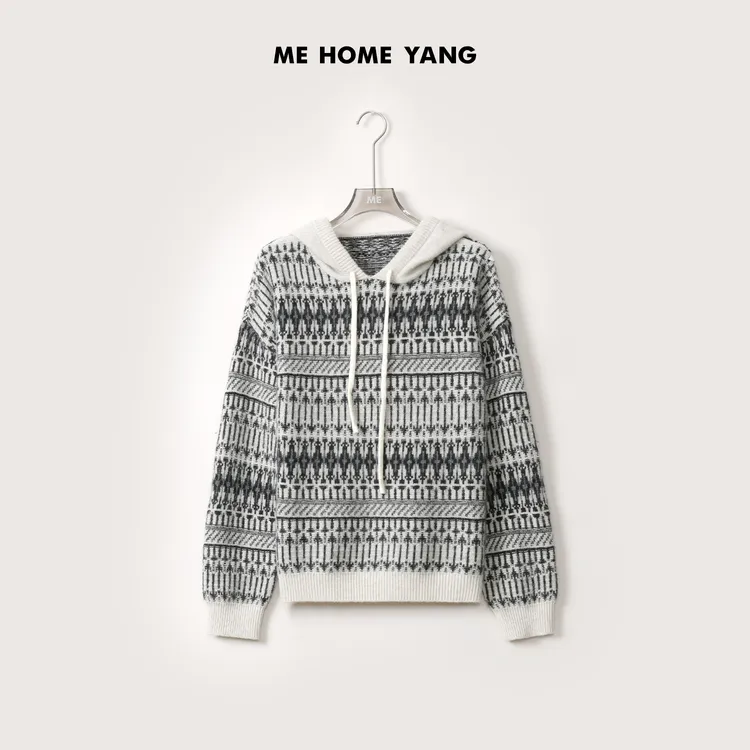 ME【万松林】绵羊毛羊驼毛兔毛混纺费尔岛花纱连帽针织毛衣MEQA3958