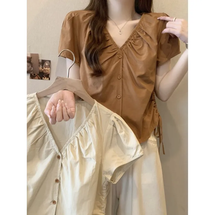 法式设计感褶皱领短袖衬衫女夏季新款显瘦宽松百搭抽绳短款上衣