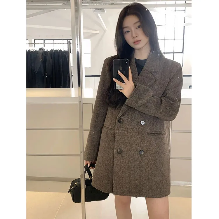 人字纹西装呢子大衣女2024年秋冬季新款毛呢外套小个子韩系中长款