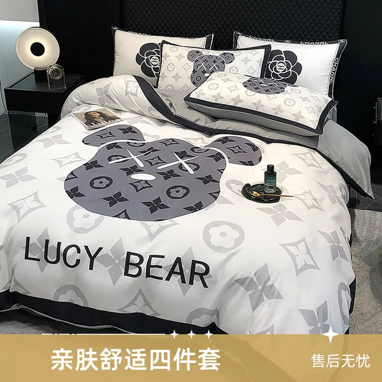 时尚磨毛棉四件套床单超柔水洗棉被套可裸睡双人卡通熊被芯聚酯纤