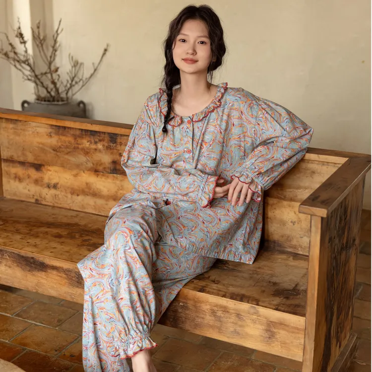 族玛士春秋季睡衣女士长裤长袖碎花复古薄款甜美家居服套装夏天