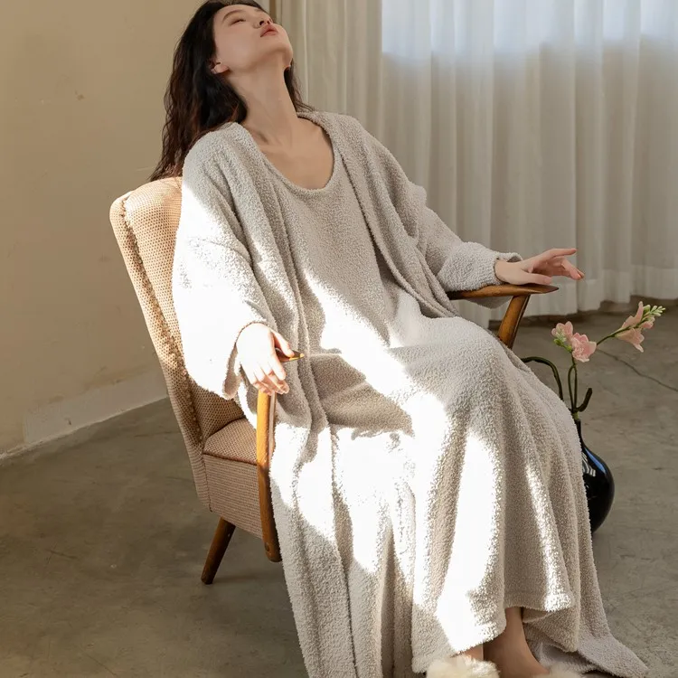 睡衣冬季女士睡裙半边绒睡袍背心裙珊瑚绒长款纯色浴袍睡裙可外穿