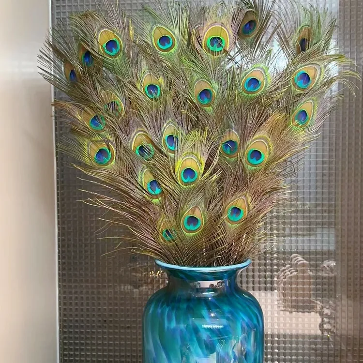 中式复古美式精选上等孔雀羽毛大眼睛 孔雀蓝琉璃花瓶 客厅花瓶摆