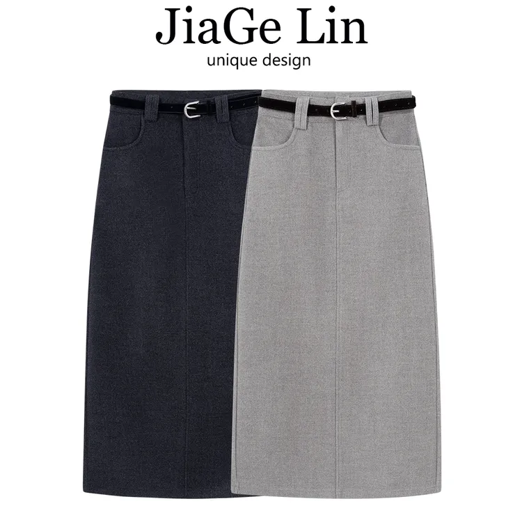 JiaGeLin韩系简约高级感毛呢半身裙女士秋冬季气质高腰开叉包臀裙