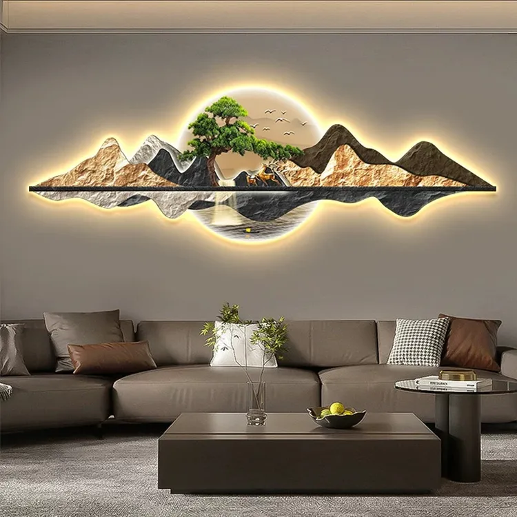 新中式客厅装饰画现代带led灯画迎客松书房沙发背景墙山水风景画