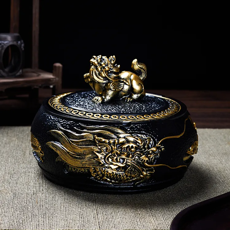 新中式龙造型带盖大号创意烟灰缸家用办公室大气上档次高档鎏金