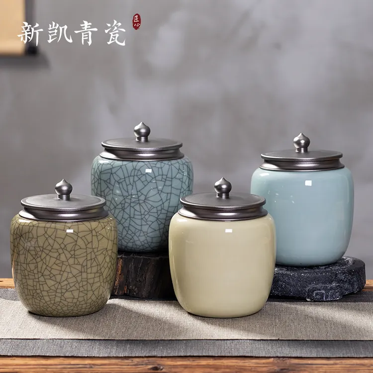 龙泉市新凯青瓷手工陶瓷中号茶叶罐茶仓存茶罐密封罐茶具器1200CC商品图