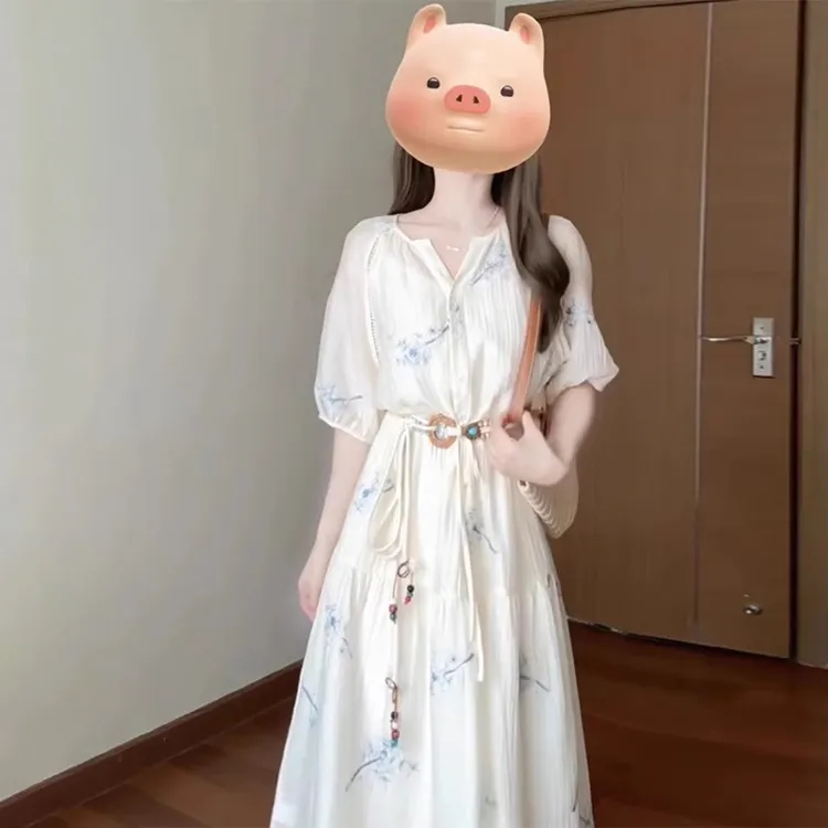 3486法式碎花连衣裙子女夏季2024新款收腰海边度假沙滩长裙套装