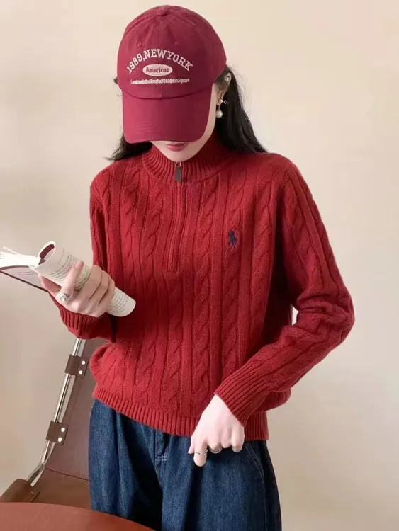 战马刺绣立领半拉链套头高领厚毛衣秋冬休闲百搭麻花针织衫女