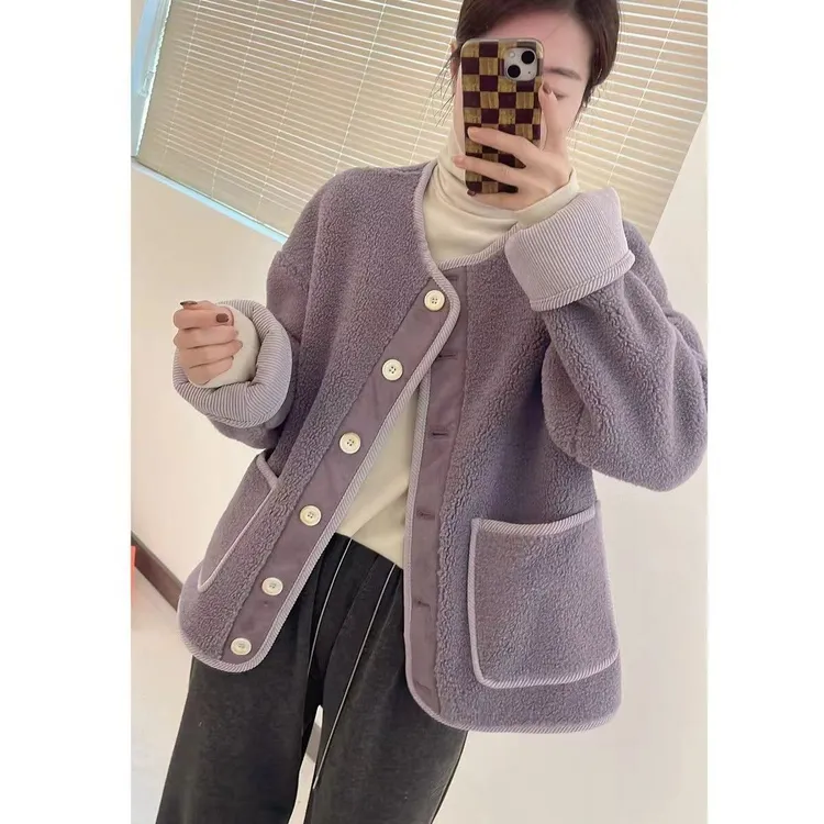 2025冬拼接毛毛外套女韩版休闲宽松保暖外穿皮毛一体颗粒毛毛上衣