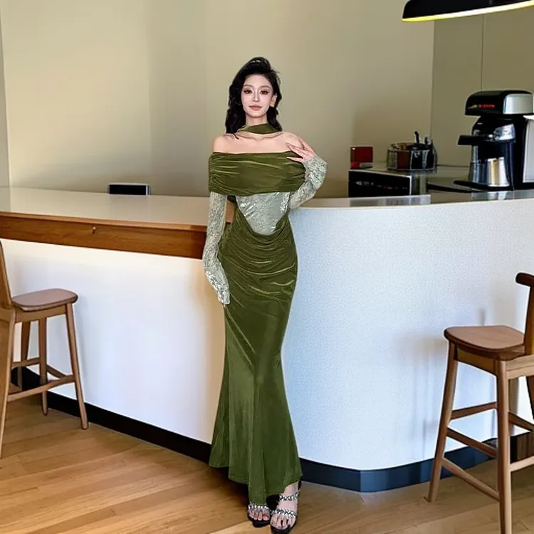 j8/C168法式复古名媛风斜肩一字肩拼接修身绿色包臀连衣裙女秋