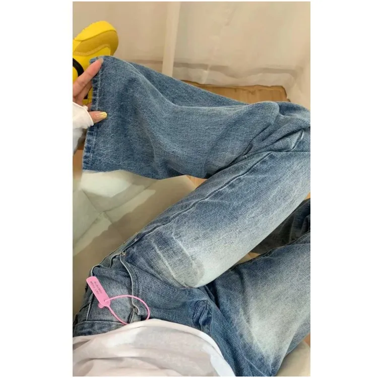 美式复古水洗不贴腿微喇叭牛仔裤女春季低腰宽松显瘦直筒阔腿长裤