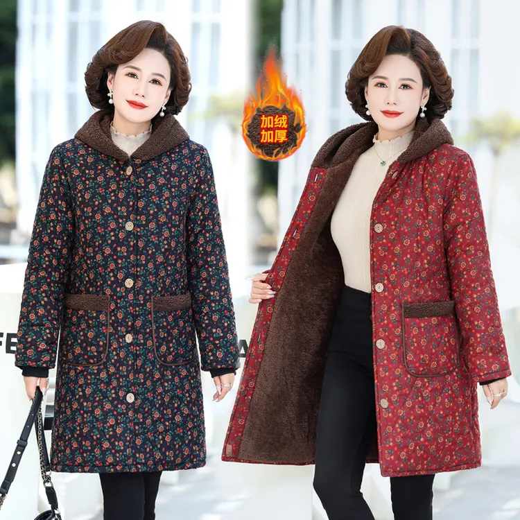 新款中老年加绒冬季加厚冬装中长款棉衣连帽妈妈棉服保暖棉袄外套