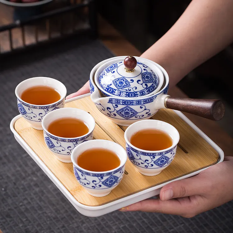 小康泡家用陶瓷侧把防烫旋转旅行茶具便携式快客杯一壶四杯送茶盘商品图
