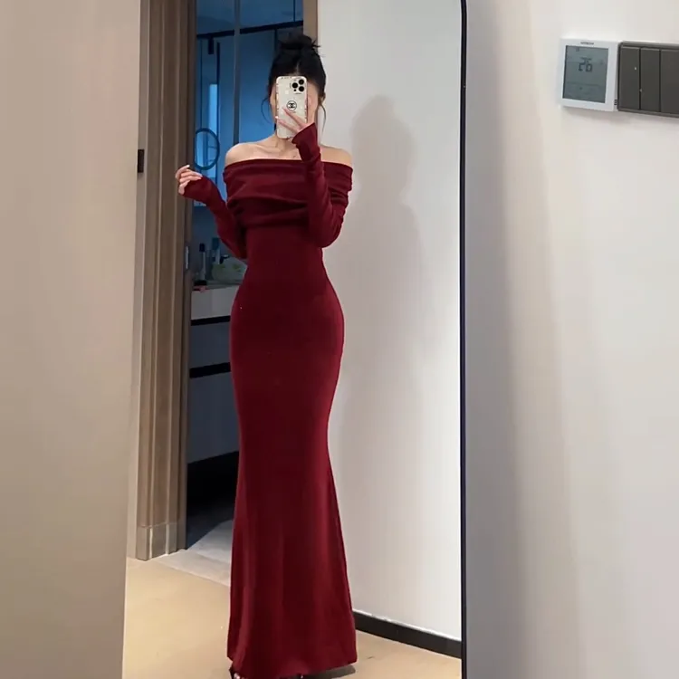 羊毛一字肩约会战袍微胖轻熟辣妹风针织连衣裙显瘦修身纯色包臀裙