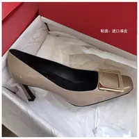 7高货~香蕉跟高跟鞋女细跟单鞋漆皮方头大象灰婚鞋金属方扣女鞋