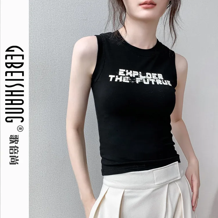 歌倍尚外穿美式辣妹无袖背心女2024夏季新款修身字母印花内搭上衣