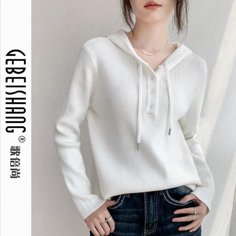 韩版连帽针织衫女2024早秋新款纯色宽松卫衣设计感抽绳长袖毛衣