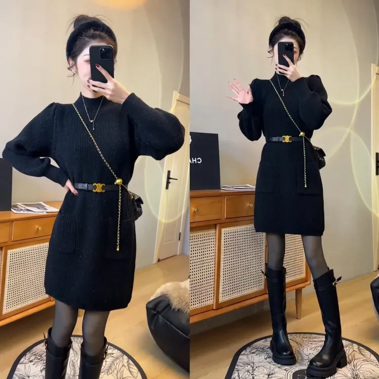 2024年秋冬新款法式设计感双口袋亮丝收腰中长款圆领针织连衣裙女